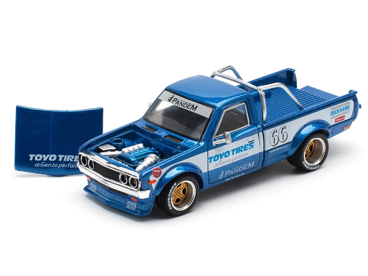 Datsun Pandem 620 Pickup Truck #66 Blue Metallic with White Stripes and Graphics 1/64 Diecast Model Car by Pop Race