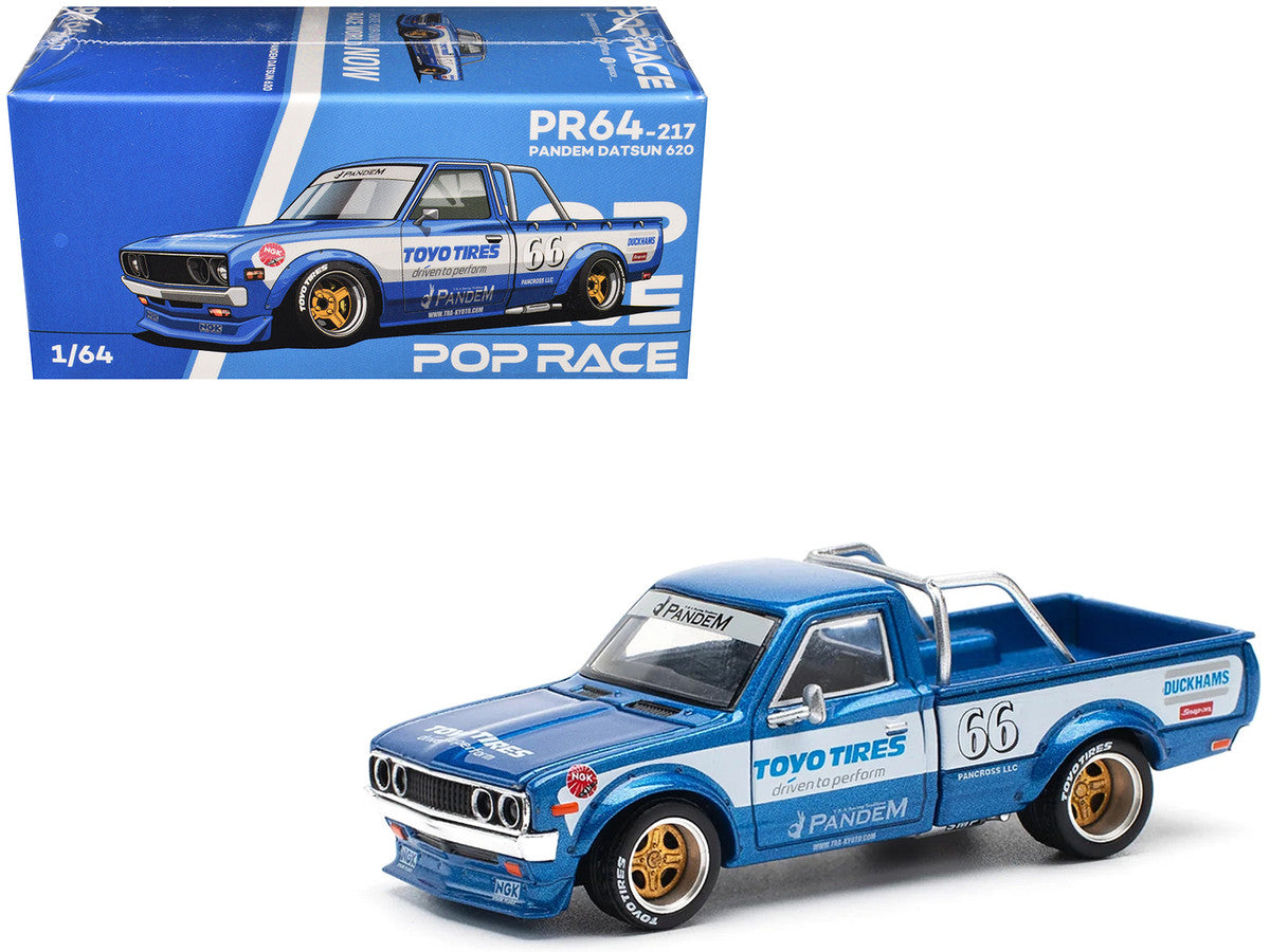 Datsun Pandem 620 Pickup Truck #66 Blue Metallic with White Stripes and Graphics 1/64 Diecast Model Car by Pop Race
