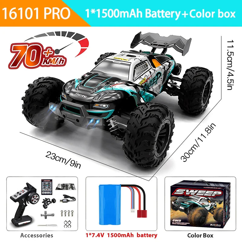 16103PRO 2.4GHz RC Car 70KM/H: Brushless 1:16 4WD Off-Road Vehicle with LED
